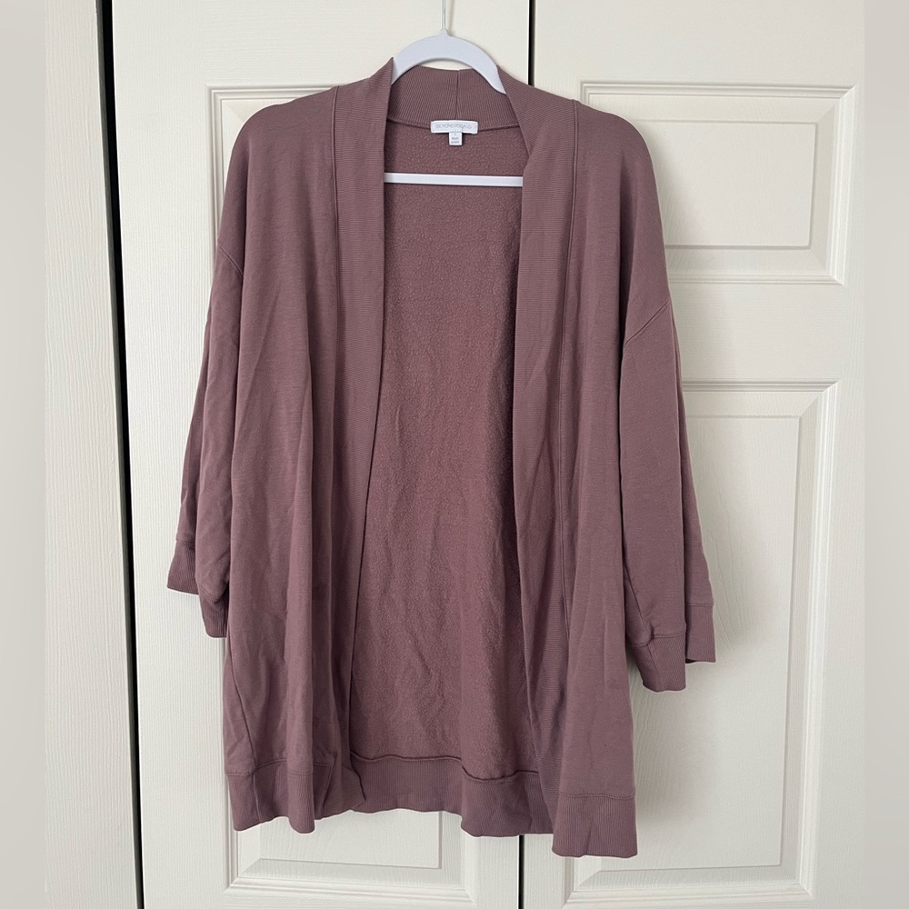 Beyond Yoga Women's Mauve Open Front Cardigan size small ribbed hem fleece